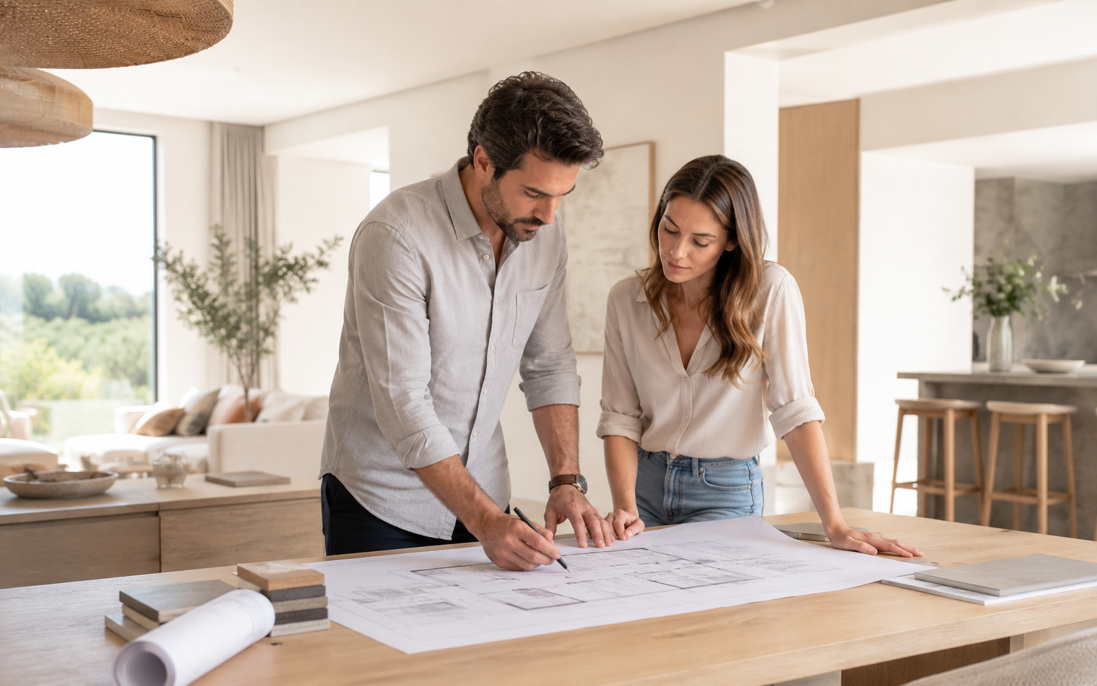 Un couple étudie des plans de rénovation dans un intérieur lumineux.