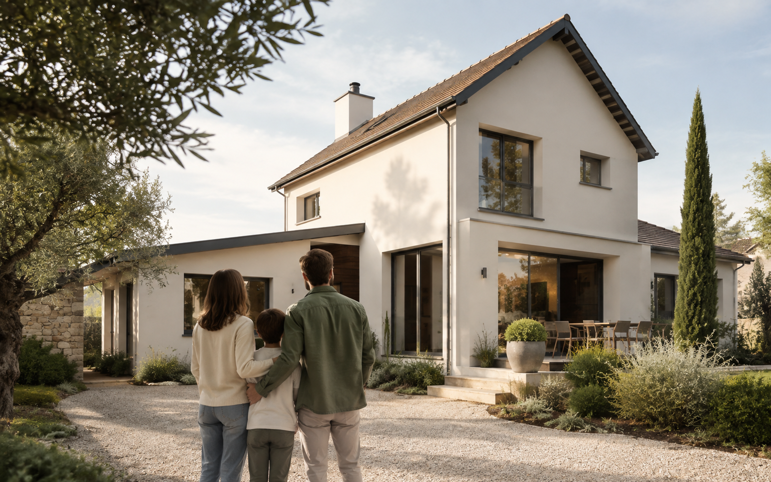 Une famille observe sa maison contemporaine dans un jardin paysager.