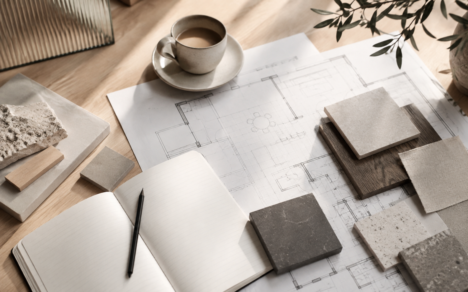 Plans de rénovation, échantillons de matériaux et carnet sur une table.